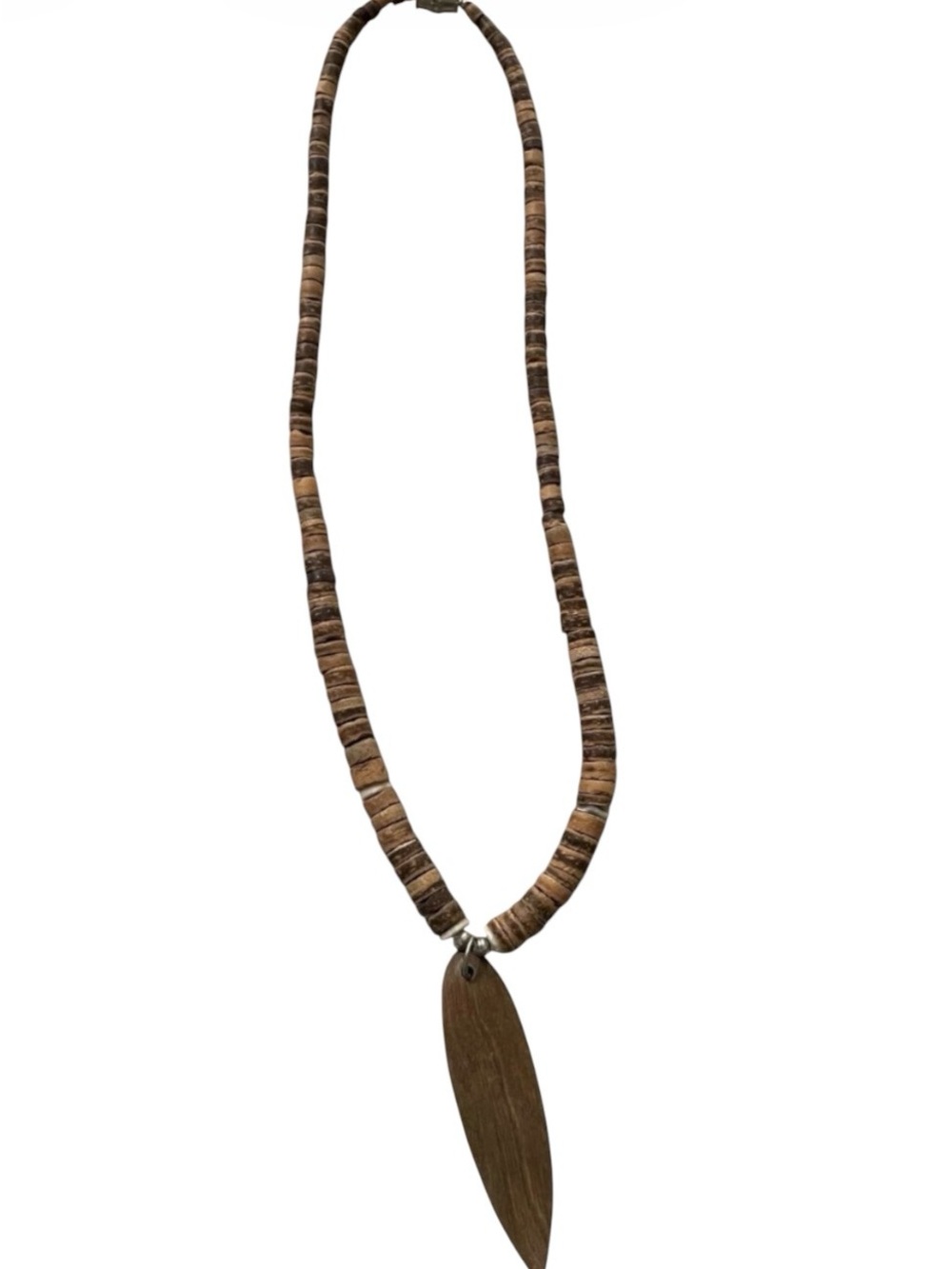 Brown Bead Necklace with Carved Wood Pendant
